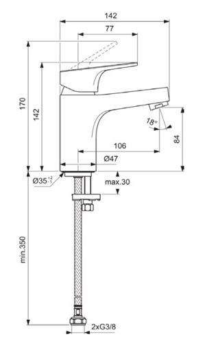 IDEAL STANDARD CERABASE umyvadlová stojánková baterie, chrom BC827AA Technický nákres