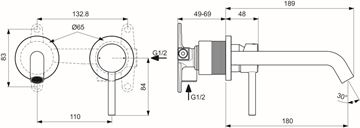 IDEAL STANDARD CERALINE umyvadlová podomítková baterie, hedvábná černá A6938XG Technický nákres