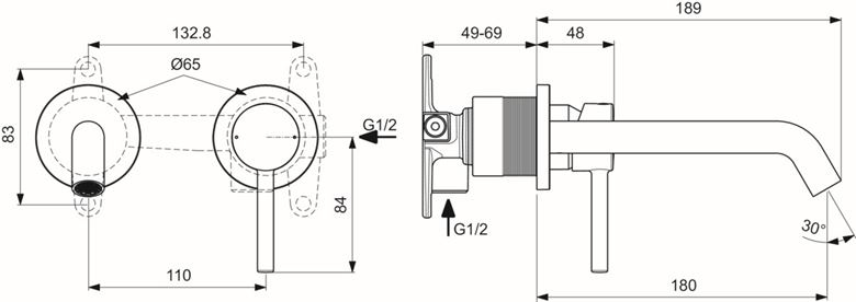 IDEAL STANDARD CERALINE umyvadlová podomítková baterie, hedvábná černá A6938XG Technický nákres