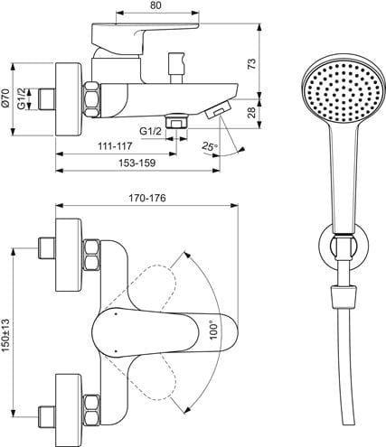 IDEAL STANDARD CERAFINE O vanová nástěnná baterie, s přepínačem, se sprchovou soupravou, hedvábná černá BC706XG Technický nákres
