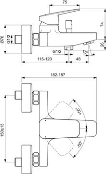 IDEAL STANDARD CERAPLAN vanová nástěnná baterie, s přepínačem, chrom BD256AA Technický nákres