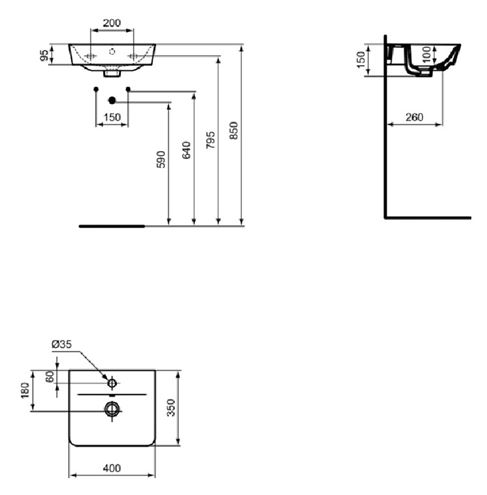 IDEAL STANDARD CONNECT AIR CUBE umývátko 40 cm, s otvorem pro baterii a přepadem, černá E0307V3 Technický nákres