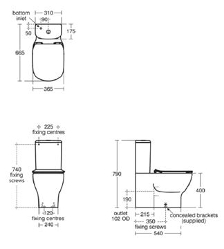 IDEAL STANDARD TESI WC kombi mísa, Aquablade splachování, zadní odpad, matná černá T5560V3 Technický nákres