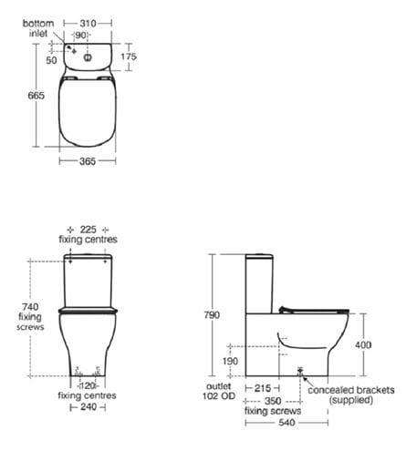 IDEAL STANDARD TESI WC kombi mísa, Aquablade splachování, zadní odpad, matná černá T5560V3 Technický nákres