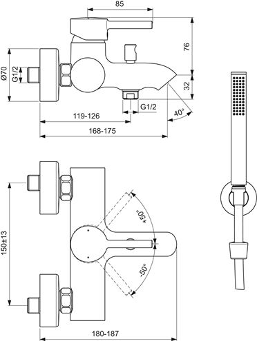IDEAL STANDARD CERALINE vanová nástěnná baterie, s přepínačem, se sprchovou soupravou, hedvábná černá BC270XG Technický nákres