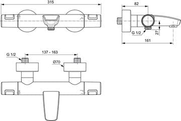IDEAL STANDARD CERATHERM T25 vanová nástěnná termostatická baterie, s přepínačem, hedvábná černá A7544XG Technický nákres