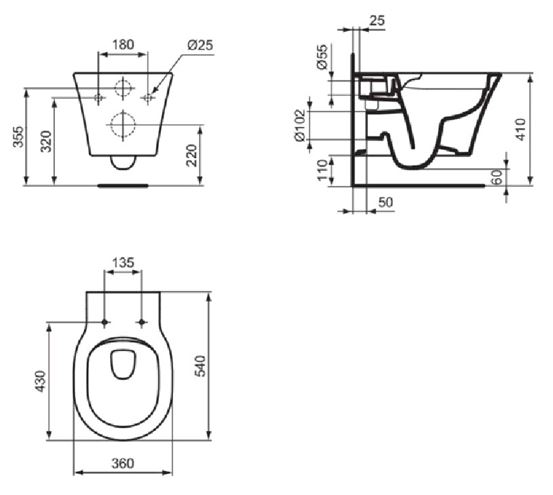 IDEAL STANDARD CONNECT AIR závěsné WC, Rimless splachování, matná černá E2288V3 Technický nákres