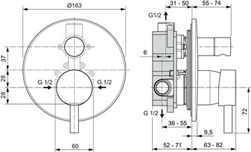 IDEAL STANDARD CERALINE vanová podomítková baterie, s přepínačem, s tělesem, hedvábná černá A6939XG Technický nákres