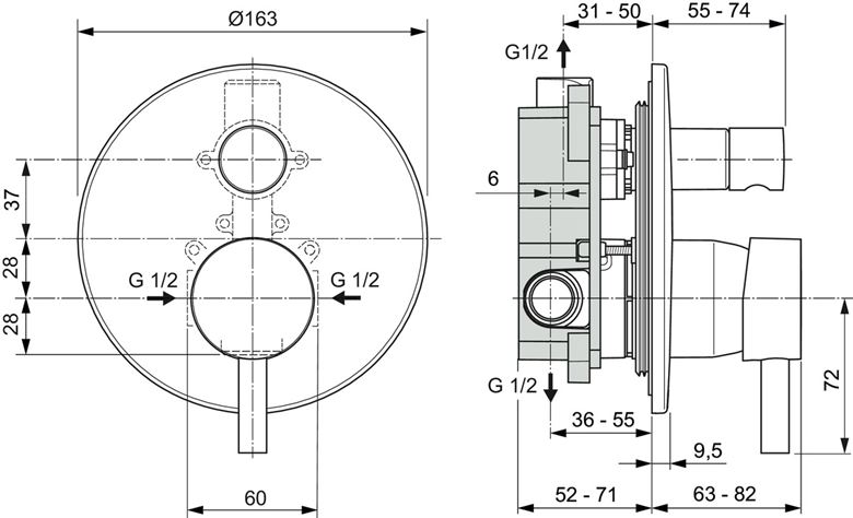 IDEAL STANDARD CERALINE vanová podomítková baterie, s přepínačem, s tělesem, hedvábná černá A6939XG Technický nákres