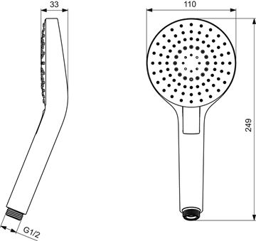 IDEAL STANDARD IDEALRAIN EVO ruční sprcha pr. 110 mm, 3 proudy, chrom B2231AA Technický nákres