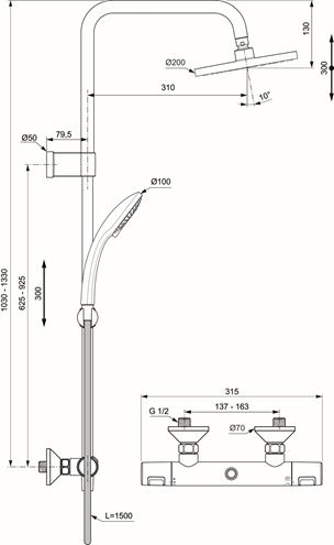 IDEAL STANDARD CERATHERM sprchový set s termostatickou baterií, horní sprcha, ruční sprcha, tyč, hadice, chrom A7701AA Technický nákres