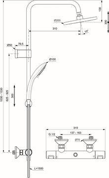 IDEAL STANDARD CERATHERM sprchový set s termostatickou baterií, horní sprcha, ruční sprcha, tyč, hadice, chrom A7701AA Technický nákres