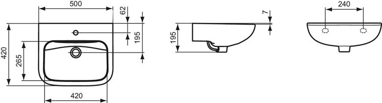 IDEAL STANDARD CONTOUR 21 umyvadlo 50 cm, s otvorem pro baterii, bez přepadu S241201 Technický nákres