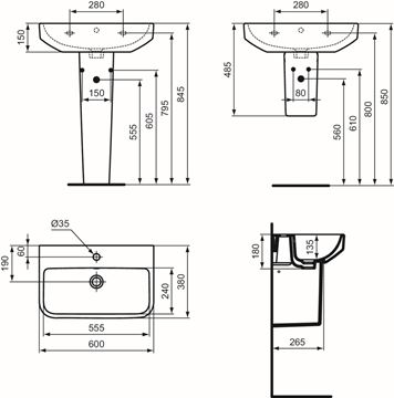IDEAL STANDARD I.LIFE S umyvadlo 60 cm, s otvorem pro baterii a přepadem T458301 Technický nákres