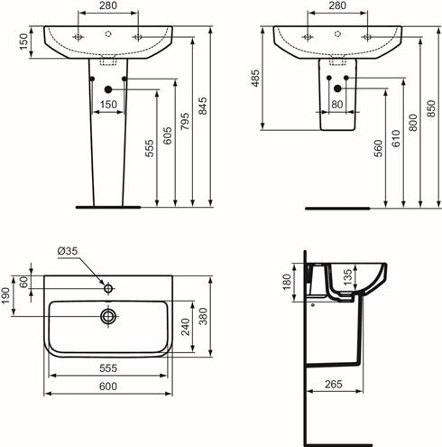 IDEAL STANDARD I.LIFE S umyvadlo 60 cm, s otvorem pro baterii a přepadem T458301 Technický nákres