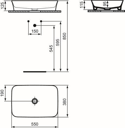 IDEAL STANDARD IPALYSS umyvadlo na desku 55 cm, bez přepadu E207601 Technický nákres