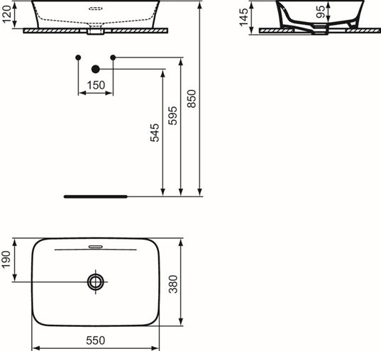 IDEAL STANDARD IPALYSS umyvadlo na desku 55 cm, s přepadem E207801 Technický nákres