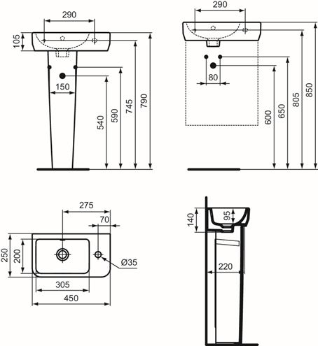 IDEAL STANDARD I.LIFE S umývátko 45 cm, s otvorem pro baterii vpravo a přepadem T458601 Technický nákres