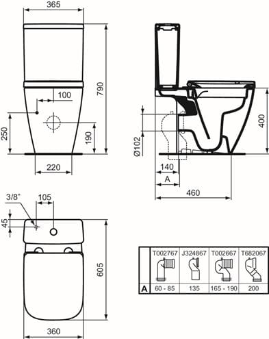 IDEAL STANDARD I.LIFE S stacionární WC, zadní odpad, Rimless splachování T459601 Technický nákres