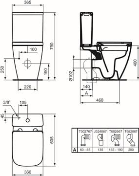 IDEAL STANDARD I.LIFE S stacionární WC, zadní odpad, Rimless splachování T459601 Technický nákres