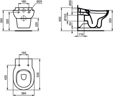 IDEAL STANDARD CONTOUR 21 dětské závěsné WC, rimless splachování S312801 Technický nákres