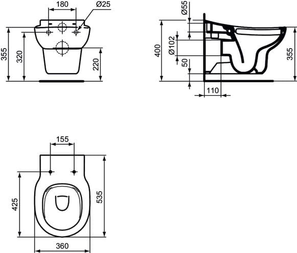 IDEAL STANDARD CONTOUR 21 dětské závěsné WC, rimless splachování S312801 Technický nákres