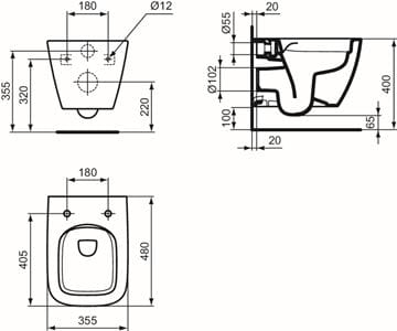 IDEAL STANDARD I.LIFE S závěsné WC, Rimless splachování T459201 Technický nákres