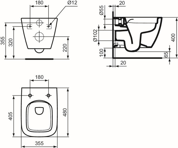 IDEAL STANDARD I.LIFE S závěsné WC, Rimless splachování T459201 Technický nákres