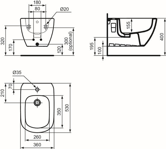IDEAL STANDARD TESI závěsný bidet T457001 Technický nákres