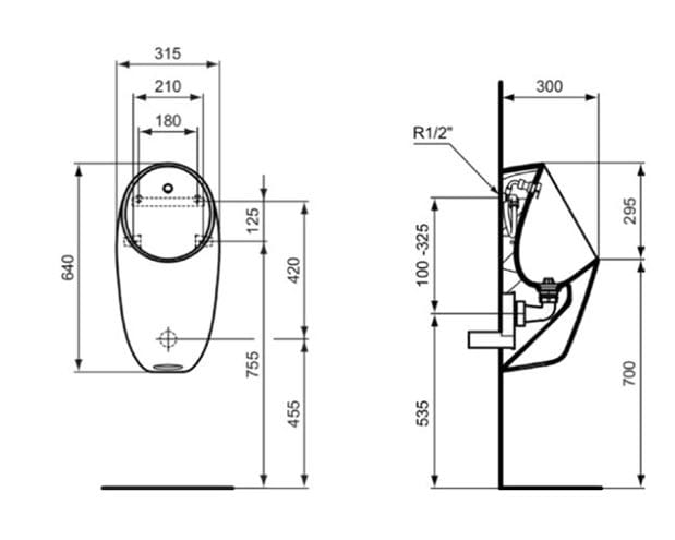 IDEAL STANDARD I.LIFE pisoár s tlakovým splachovačem, zadní přívod vody E253701 Technický nákres