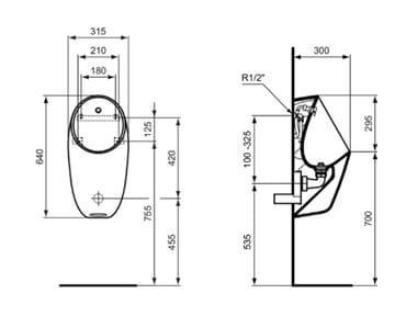 IDEAL STANDARD I.LIFE pisoár s tlakovým splachovačem, zadní přívod vody E253701 Technický nákres