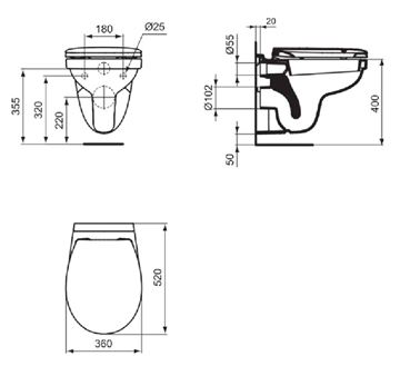 IDEAL STANDARD SIMPLICITY závěsné WC, Rimless splachování W331301 Technický nákres