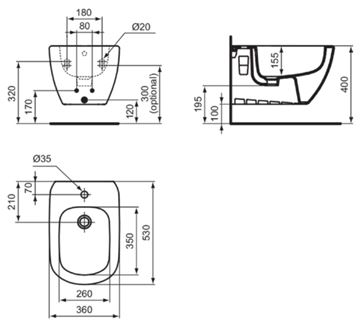 IDEAL STANDARD TESI závěsný bidet, matná černá T3552V3 Technický nákres