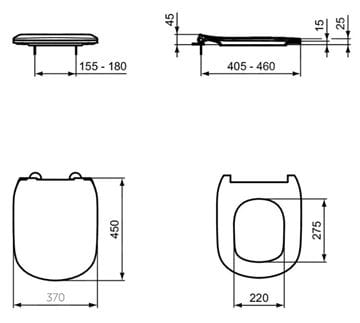 IDEAL STANDARD TESI WC sedátko ultra ploché, SoftClose, matná černá T5522V3 Technický nákres