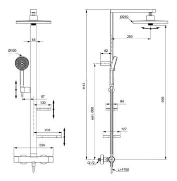 IDEAL STANDARD CERATHERM ALU+ sprchový set s termostatickou baterií, horní sprcha, ruční sprcha se 2 proudy, tyč, hadice, rosé BD583RO Technický nákres