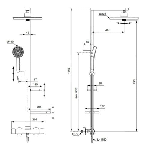 IDEAL STANDARD CERATHERM ALU+ sprchový set s termostatickou baterií, horní sprcha, ruční sprcha se 2 proudy, tyč, hadice, rosé BD583RO Technický nákres