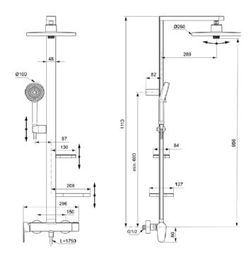 IDEAL STANDARD CERAFLOW ALU+ sprchový set s baterií, horní sprcha, ruční sprcha se 2 proudy, tyč, hadice, rosé BD584RO Technický nákres