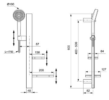 IDEAL STANDARD IDEALRAIN ALU+ sprchová souprava 5-dílná, ruční sprcha pr. 100 mm, 2 proudy, tyč, hadice, mýdlenka, polička, rosé BD586RO Technický nákres