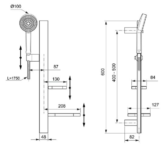 IDEAL STANDARD IDEALRAIN ALU+ sprchová souprava 5-dílná, ruční sprcha pr. 100 mm, 2 proudy, tyč, hadice, mýdlenka, polička, rosé BD586RO Technický nákres