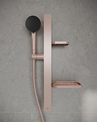 IDEAL STANDARD IDEALRAIN ALU+ sprchová souprava 5-dílná, ruční sprcha pr. 100 mm, 2 proudy, tyč, hadice, mýdlenka, polička, rosé BD586RO Obrázek - fotka
