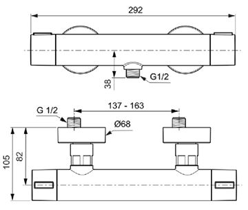 IDEAL STANDARD CERATHERM ALU+ sprchová nástěnná termostatická baterie, rosé BD582RO Technický nákres