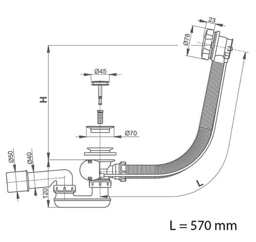 ROTH vanový sifon 57 cm, bovden, chrom 8100011 Technický nákres