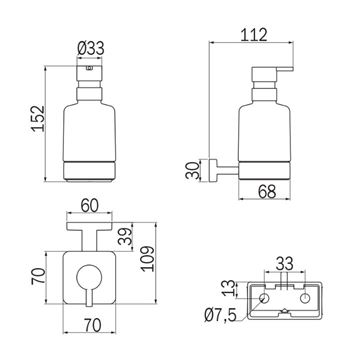 INDA LEA 1800 dávkovač tekutého mýdla 250 ml, nástěnný, sklo, zlato 24 karátů A18120DR21 Technický nákres