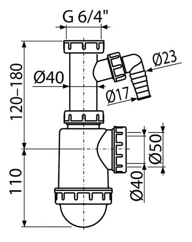 ALCA A443P dřezový sifon DN40/50, s přípojkou a převlečnými maticemi 6/4 A443P-DN50/40 Technický nákres