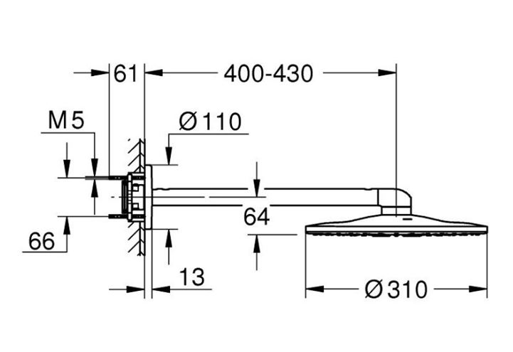 GROHE RAINSHOWER SMARTACTIVE 310 horní sprcha pr. 310 mm, 2 proudy, s ramenem, hard graphite 26475AL0 Technický nákres