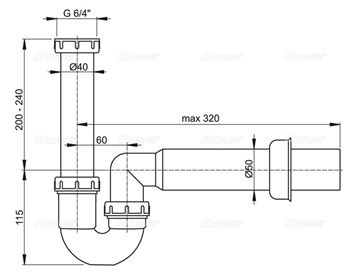 ALCA A80 dřezový sifon DN50, s převlečnou maticí 6/4 A80-DN50 Technický nákres