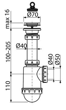 CONCEPT dřezový sifon DN40/50, s výpustí PT100441 Technický nákres