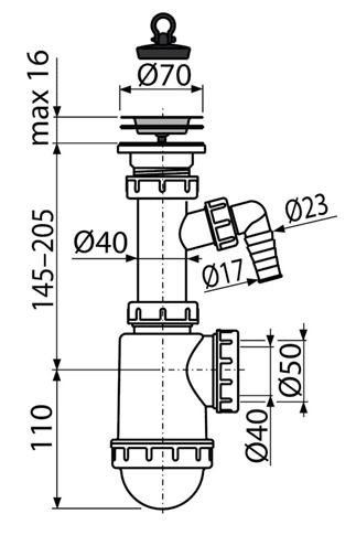 CONCEPT dřezový sifon DN40/50, s přípojkou a výpustí PT100441P Technický nákres