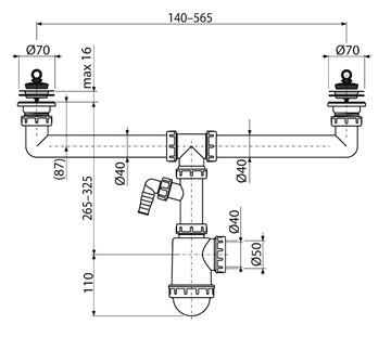 CONCEPT dřezový sifon DN40/50, dvojitý, s přípojkou a dvěma výpustmi PT100449P Technický nákres