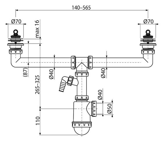 CONCEPT dřezový sifon DN40/50, dvojitý, s přípojkou a dvěma výpustmi PT100449P Technický nákres